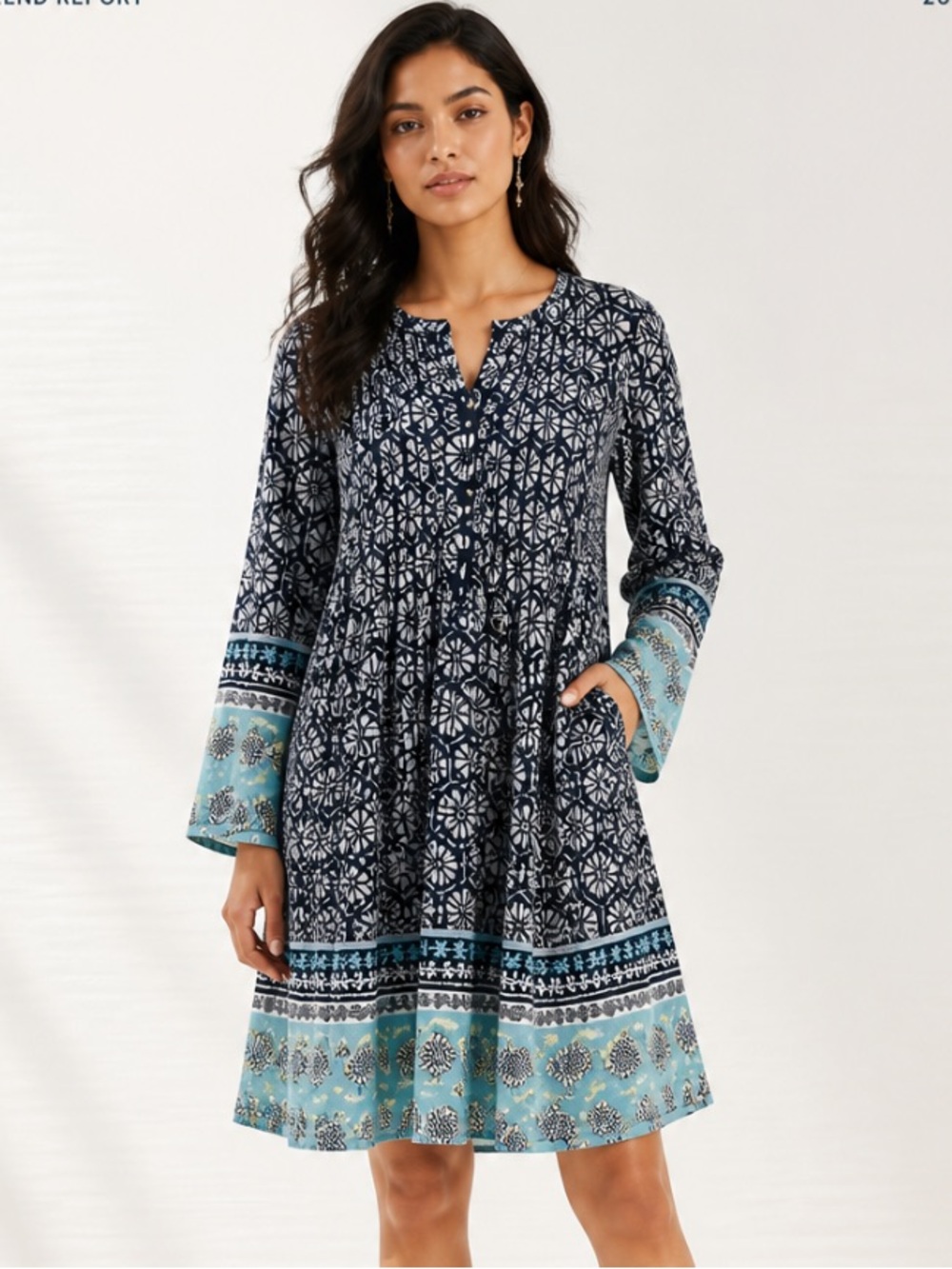 REBORN Dress Shift Boho Pleated Knit Tunic Floral Geometric
